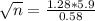 \sqrt{n} = \frac{1.28*5.9}{0.58}