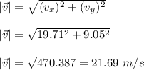 |\vec{v}|=\sqrt{(v_x)^2+(v_y)^2}\\\\|\vec{v}|=\sqrt{19.71^2+9.05^2}\\\\|\vec{v}|=\sqrt{470.387}=21.69\ m/s