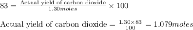 83=\frac{\text{Actual yield of carbon dioxide}}{1.30moles}\times 100\\\\\text{Actual yield of carbon dioxide}=\frac{1.30\times 83}{100}=1.079moles