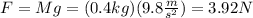 F=Mg=(0.4kg)(9.8\frac{m}{s^2})=3.92N
