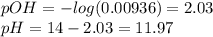 pOH=-log(0.00936)=2.03\\pH=14-2.03=11.97
