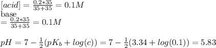 [acid]=\frac{0.2*35}{35+35} =0.1M\\[base]=\frac{0.2*35}{35+35} =0.1M\\\\pH=7-\frac{1}{2} (pK_{b}+ log(c))=7-\frac{1}{2}(3.34+log(0.1))=5.83 \\