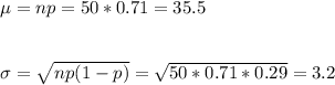 \mu=np=50*0.71=35.5\\\\\\\sigma=\sqrt{np(1-p)}=\sqrt{50*0.71*0.29}=3.2