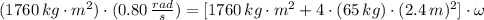 (1760\,kg\cdot m^{2})\cdot (0.80\,\frac{rad}{s}) = [1760\,kg\cdot m^{2} + 4\cdot (65\,kg)\cdot (2.4\,m)^{2}]\cdot \omega