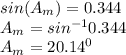 sin(A_{m} ) = 0.344\\A_{m} = sin^{-1} 0.344\\A_{m} = 20.14^{0}