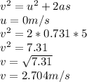 v^{2}  = u^{2} + 2as\\u = 0 m/s\\v^{2}  =  2 * 0.731 * 5\\v^{2}  = 7.31\\v = \sqrt{7.31} \\v = 2.704 m/s