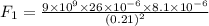 F_1=\frac{9\times 10^9\times 26\times 10^{-6}\times 8.1\times 10^{-6}}{(0.21)^2}