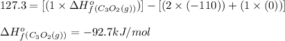 127.3=[(1\times \Delta H^o_f_{(C_3O_2(g))})]-[(2\times (-110))+(1\times (0))]\\\\\Delta H^o_f_{(C_3O_2(g))}=-92.7kJ/mol
