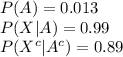 P(A)=0.013\\P(X|A)=0.99\\P(X^{c}|A^{c})=0.89