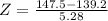 Z = \frac{147.5 - 139.2}{5.28}