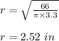 r = \sqrt{\frac{66}{\pi \times 3.3}}\\\\r = 2.52\ in