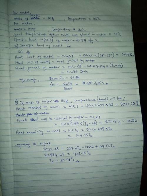 A 150.0 g sample of a Metal was heated to 95.0oC. When the hot metal was placed into 100.0 g of wate