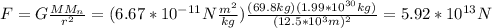 F=G\frac{MM_n}{r^2}=(6.67*10^{-11}N\frac{m^2}{kg})\frac{(69.8kg)(1.99*10^{30}kg)}{(12.5*10^3m)^2}=5.92*10^{13}N