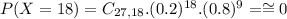 P(X = 18) = C_{27,18}.(0.2)^{18}.(0.8)^{9} = \cong 0