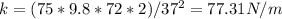 k = (75*9.8*72*2)/37^2 = 77.31 N/m