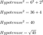 Hypotrnuse^2=6^2+2^2\\\\Hypotenuse^2=36+4\\\\Hypotenuse^2=40\\\\Hypotenuse=\sqrt{40}\\
