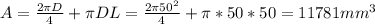 A=\frac{2\pi D}{4} +\pi DL=\frac{2\pi 50^{2} }{4} +\pi *50*50=11781mm^{3}