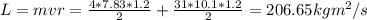 L=mvr=\frac{4*7.83*1.2}{2} +\frac{31*10.1*1.2}{2} =206.65kgm^{2} /s