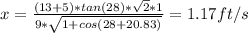 x=\frac{(13+5)*tan(28)*\sqrt{2}*1 }{9*\sqrt{1+cos(28+20.83)} } =1.17ft/s