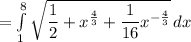 =\int\limits^8_1 {\sqrt{\dfrac{1}{2}+x^{\frac{4}{3}}+ \dfrac{1}{16}x^{-\frac{4}{3}} } } \, dx\\