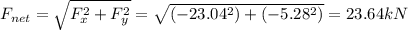 F_{net} =\sqrt{F_{x}^{2}+F_{y}^{2}  } =\sqrt{(-23.04^{2})+(-5.28^{2})  } =23.64kN