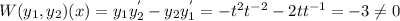 W(y_1, y_2)(x)=y_1y_{2}^{'}-y_{2}y_{1}^{'}=-t^2t^{-2}-2tt^{-1}=-3\neq 0