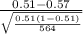 \frac{ 0.51-0.57}{\sqrt{\frac{0.51(1-0.51)}{564} } }