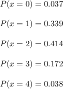 P(x=0)=0.037\\\\P(x=1)=0.339\\\\P(x=2)=0.414\\\\P(x=3)=0.172\\\\P(x=4)=0.038\\\\