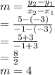 m=\frac{y_2-y_1}{x_2-x_1} \\=\frac{5-(-3)}{-1-(-3)} \\=\frac{5+3}{-1+3}\\=\frac{8}{2}\\m=4