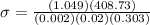 \sigma = \frac{(1.049)(408.73)}{(0.002)(0.02)(0.303)}