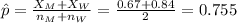 \hat p=\frac{X_{M}+X_{W}}{n_{M}+n_{W}}=\frac{0.67+0.84}{2}=0.755