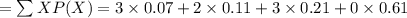 = \sum X P(X) =3\times 0.07 + 2\times0.11 + 3\times0.21 + 0\times0.61