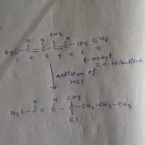 Draw the structure of the major organic product formed by 1,4-addition of HCl to 4-methyl-2,4-heptad