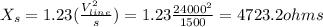 X_{s} =1.23(\frac{V_{line}^{2}  }{s} )=1.23\frac{24000^{2} }{1500} =4723.2 ohms