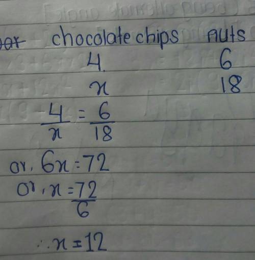 QUICK QUICK QUICK PLEASE! 1 MINUTE ONLY! A recipe calls for 4 parts chocolate chips for every 6 part