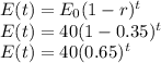 E(t) =E_{0} (1-r)^{t}\\E(t) =40(1-0.35)^{t}\\E(t) =40(0.65)^{t}