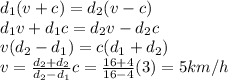 d_1(v+c)=d_2(v-c)\\d_1 v+d_1c = d_2v-d_2c\\v(d_2-d_1)=c(d_1+d_2)\\v=\frac{d_2+d_2}{d_2-d_1}c=\frac{16+4}{16-4}(3)=5 km/h