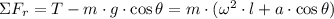 \Sigma F_{r} = T - m\cdot g \cdot \cos \theta = m\cdot (\omega^{2}\cdot l + a\cdot \cos \theta)