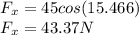 F_{x}=45cos(15.466)\\F_{x}=43.37N