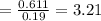 = \frac{0.611}{0.19} = 3.21
