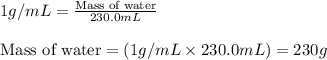 1g/mL=\frac{\text{Mass of water}}{230.0mL}\\\\\text{Mass of water}=(1g/mL\times 230.0mL)=230g