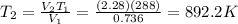 T_2=\frac{V_2 T_1}{V_1}=\frac{(2.28)(288)}{0.736}=892.2 K