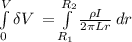 \int\limits^V_0 {\delta V} \,  = \int\limits^{R_2}_{R_1} {\frac{\rho I}{2 \pi L r} } \, dr