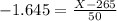 -1.645 = \frac{X - 265}{50}