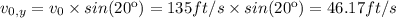 v_{0,y}=v_0\times sin(20\º)=135ft/s\times sin(20\º)=46.17ft/s