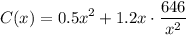 \displaystyle C(x)=0.5x^2+1.2x\cdot \frac{646}{x^2}