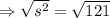 \Rightarrow \sqrt{s^2} = \sqrt{ 121}