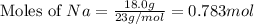 \text{Moles of }Na=\frac{18.0g}{23g/mol}=0.783mol