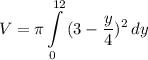 \displaystyle V = \pi \int\limits^{12}_0 {(3 - \frac{y}{4})^2} \, dy