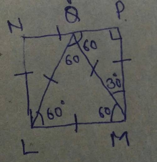 An equilateral triangle LMQ is drawn in the interior of square LMNP so that side LM is common. Find